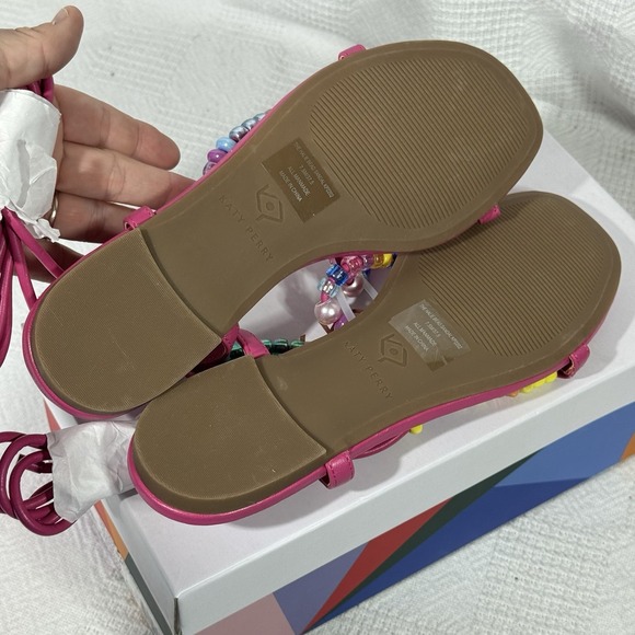 Katy Perry Womens The Cubie Bead Pink Flat Sandal Colorful Lace Up‎ Size 7.5 - Picture 4 of 5